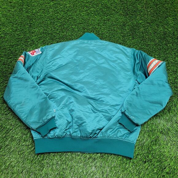 Vintage 90s Miami Dolphins Varsity Jacket Large 24x25 Cropped Baggy Satin - Picture 10 of 14